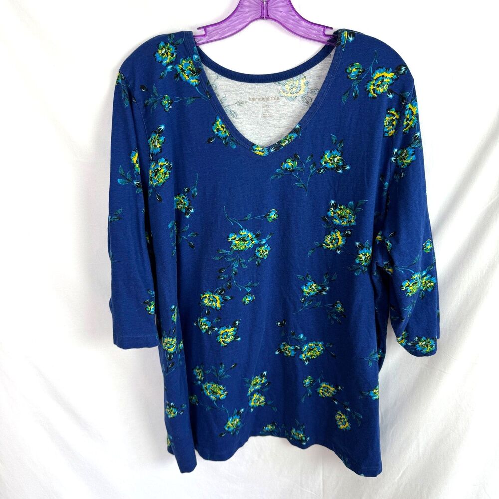 Woman Within Top Size 3X 30/32 Blue Floral Print V-Neck 3/4 Sleeves